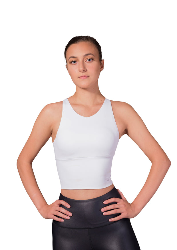 Women's removable padded sports bra, white, yoga top, cross back strap, seamless 